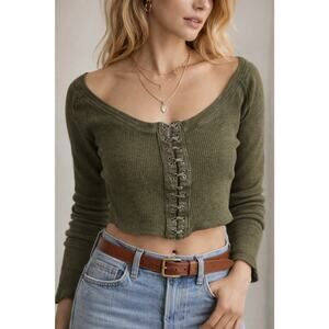 Pilcro Olive Waffle Knit Hook-Front Crop Top Cottagecore Boho Medium Green